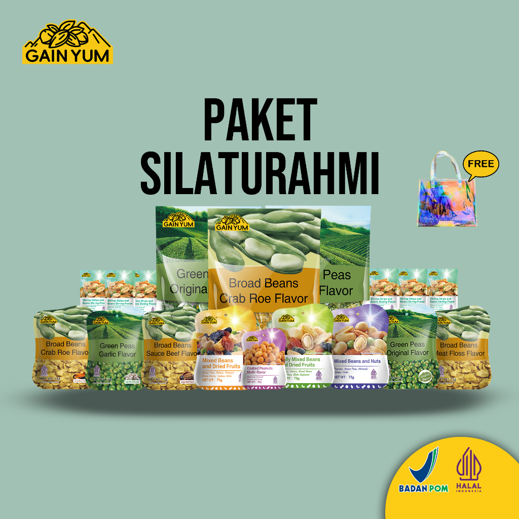 

[ PAKET SILATURAHMI ] Gain Yum Snack - All Varian Produk Gain Yum (Kacang Koro, Kacang Polong, Kacang Telur, Kacang Campur)