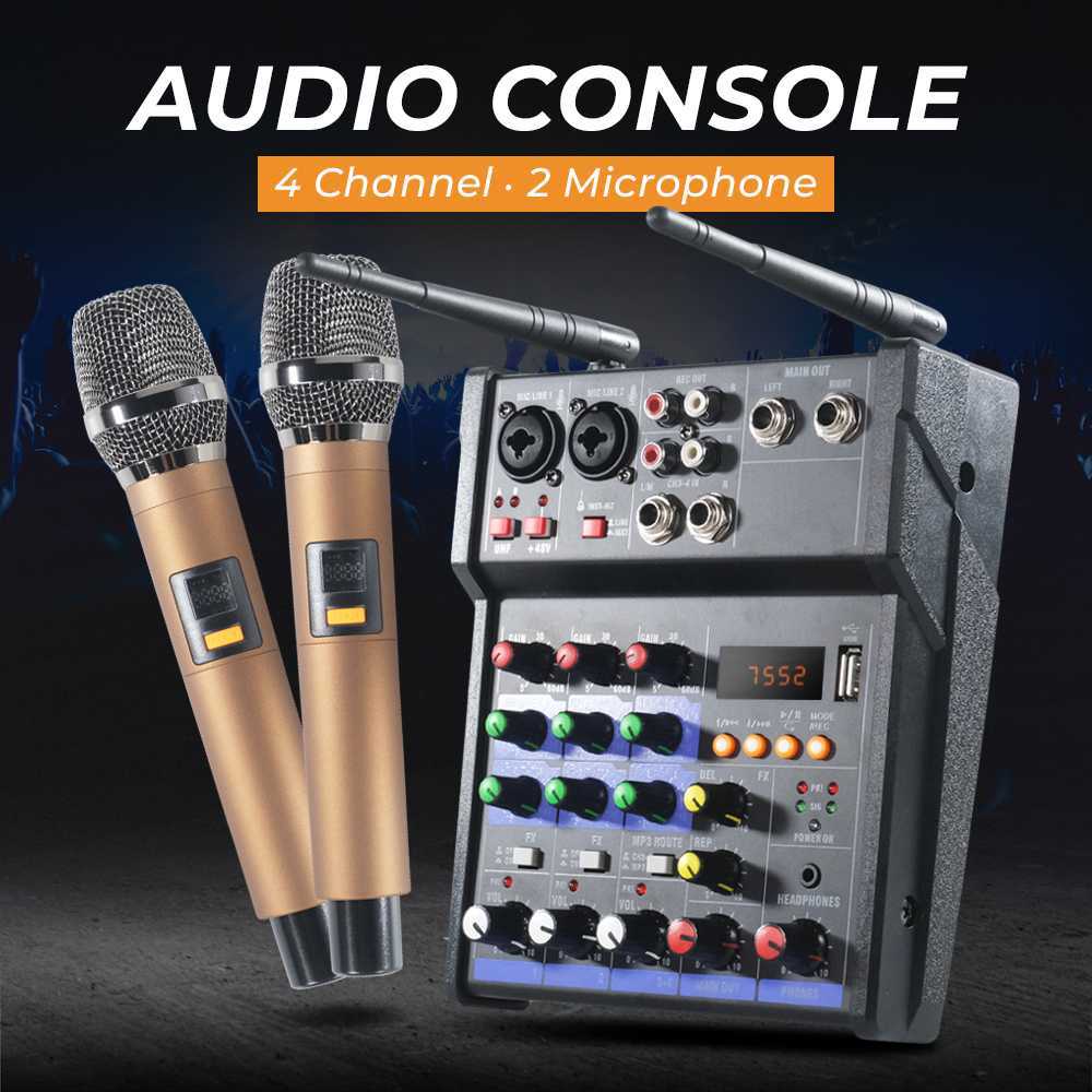 Audio Console Karaoke DJ KTV Mixer 4 Channel with 2 Microphone
