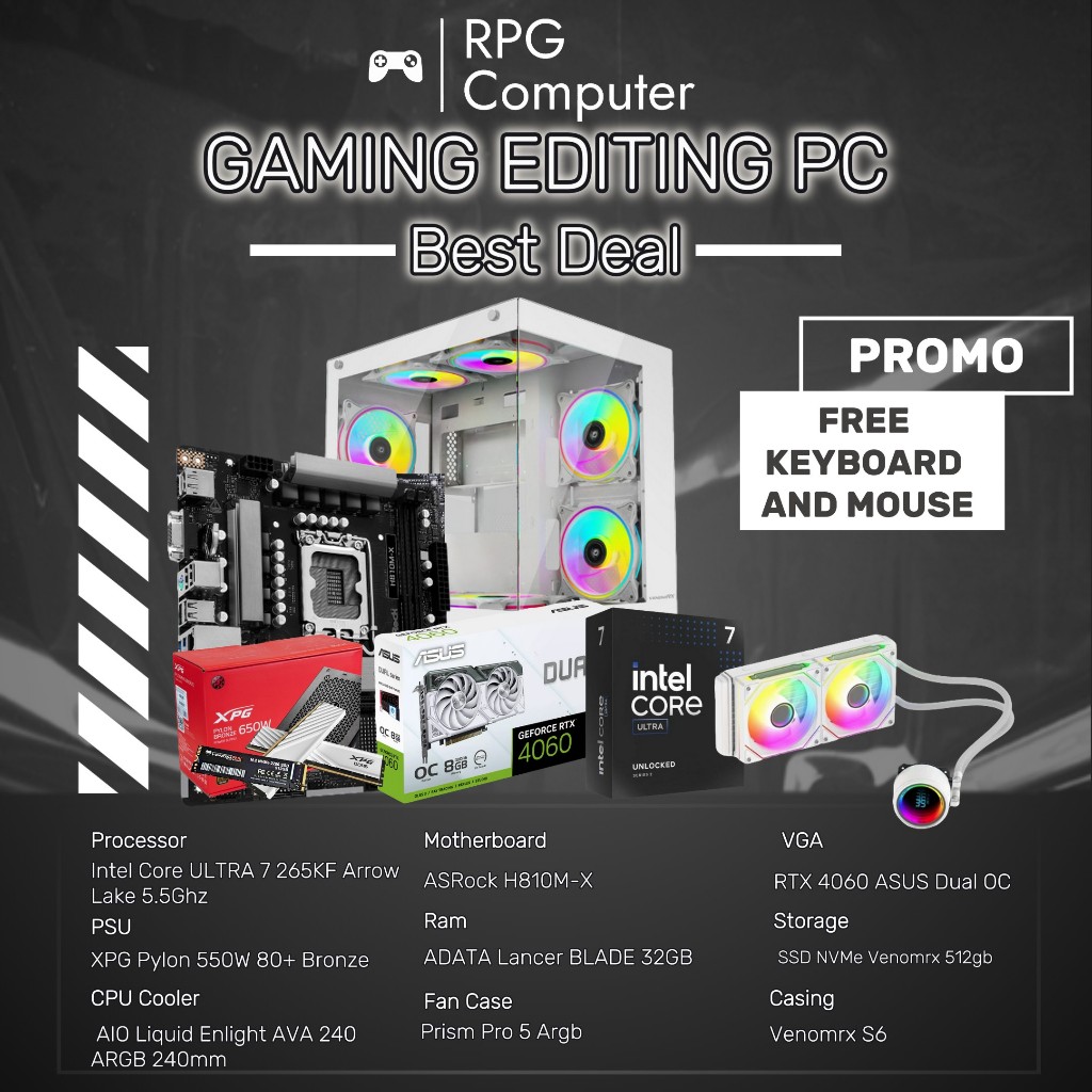 PC Editing Design & AI Processor Intel Core ULTRA 7 265KF ASRock H810M-X RTX 4060 Ram 32GB