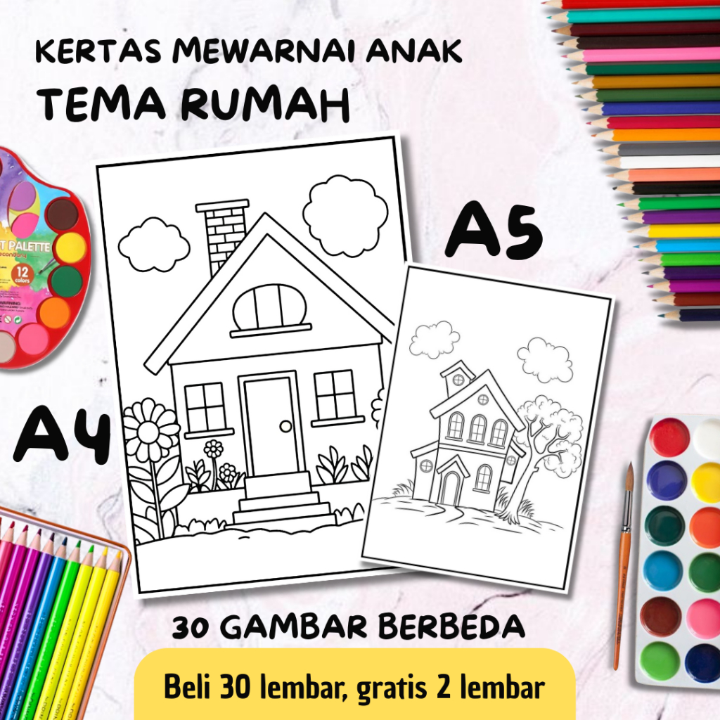 

30 Lembar Kertas Mewarnai Anak / Coloring / Sketsa A5 & A4 Tema Rumah