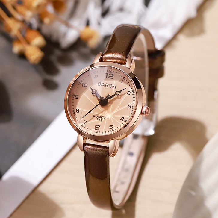 Jam Tangan Wanita Fashion Tali Kulit Analog Kecil Gaya Korea Barsh Kaca Mewah