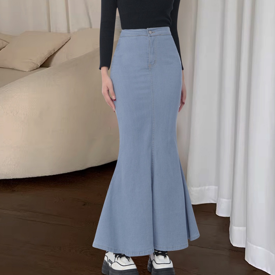 Wrap Buttocks Rok Skirt Wanita Thin Sweet High Waisted Fishtail Denim Skirt