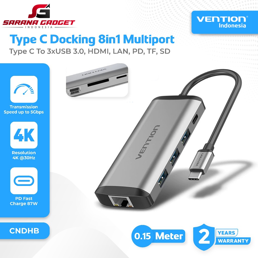 VENTION CNDHB HUB Type C Male to RJ45 LAN Port TF SD Card HDMI 4K 30Hz 3x USB 3.0 PD 87W Female 0.15