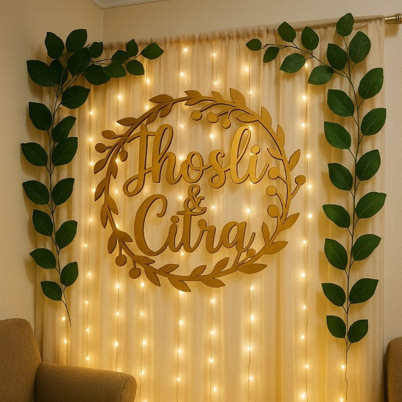 Custom Backdrop Nama Kayu Ulang Tahun Daun Cherry Dekorasi Kamar Anak Inisial Lamaran Pernikahan