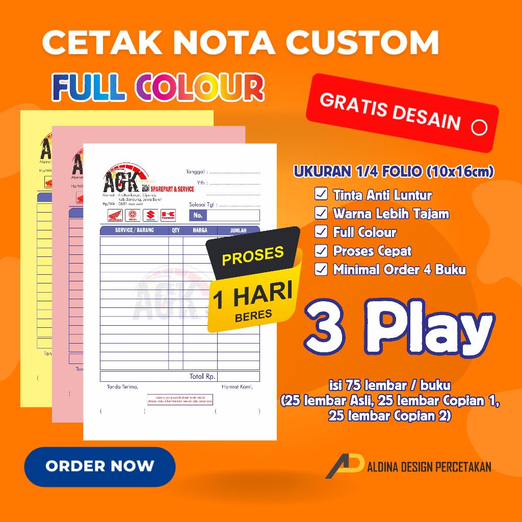 

Nota 3 Rangkap NCR Tinta anti luntur, free desain hasil tajam berkualitas