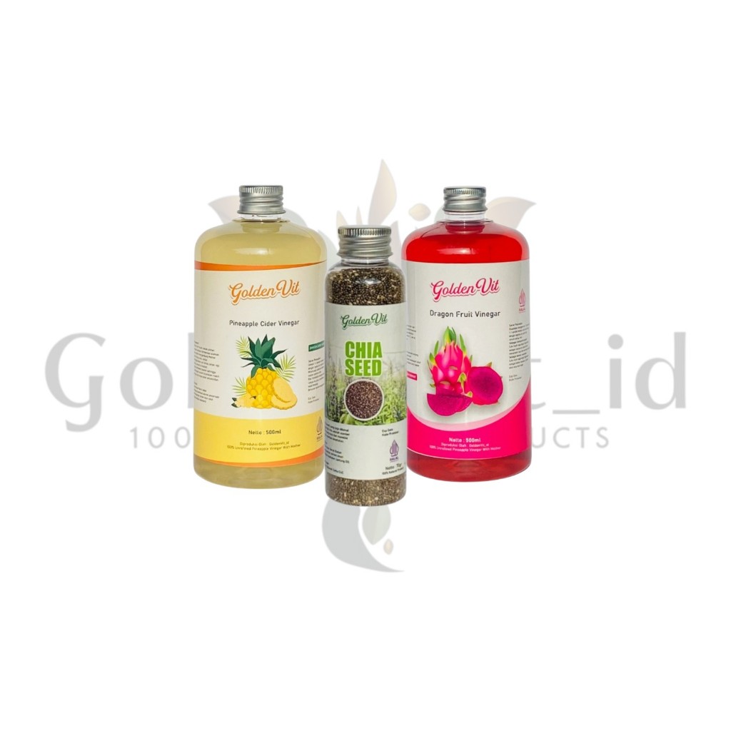 

Goldenvit Paket Hemat 3in1 + Free Gelas Takar Cuka Buah nanas 500ml , cuka naga 500ml , Chiaseed 70g