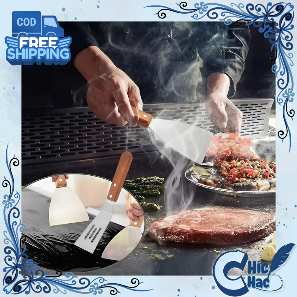 Spatula Teppanyaki 2 Variasi Gagang Kayu / Sutil Kape Stainless Steel / Spatula Pizaa BQQ Murah