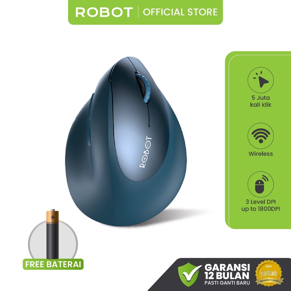ROBOT Dual Mouse Wireless Bluetooth Silent Click Guru Master 1 Vertikal 57 Derajat - Garansi 1 Tahun