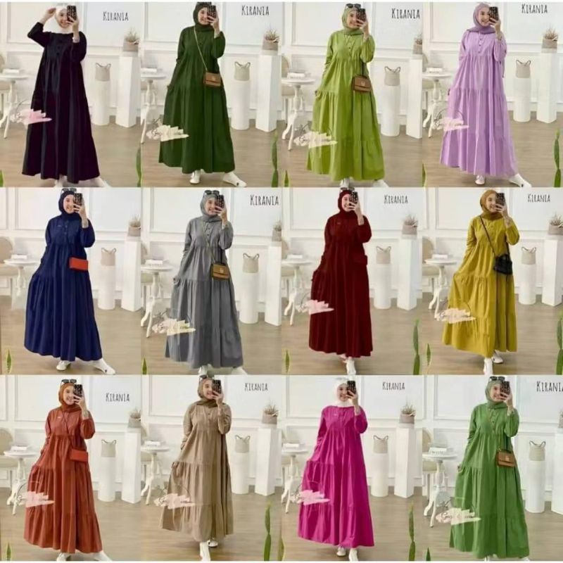Kirania Midi Dres Gamis Kirania Rayon Santung MIDI Dress Susun Polos Kancing