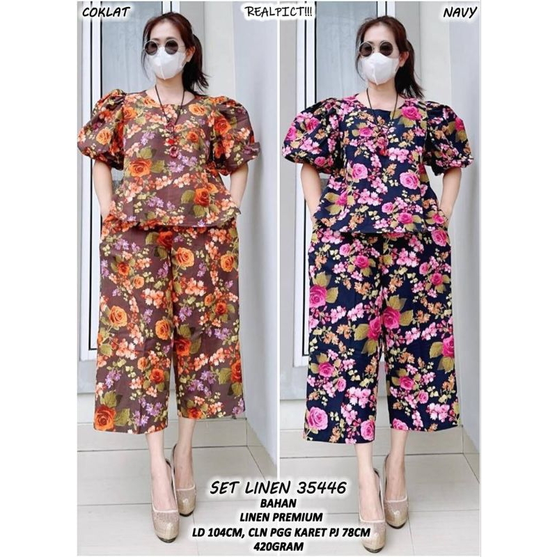 Set Linen 35446 Wanita Baju Celana Setelan Atasan - Katun, Batik, Kimono, Panjang, Pendek