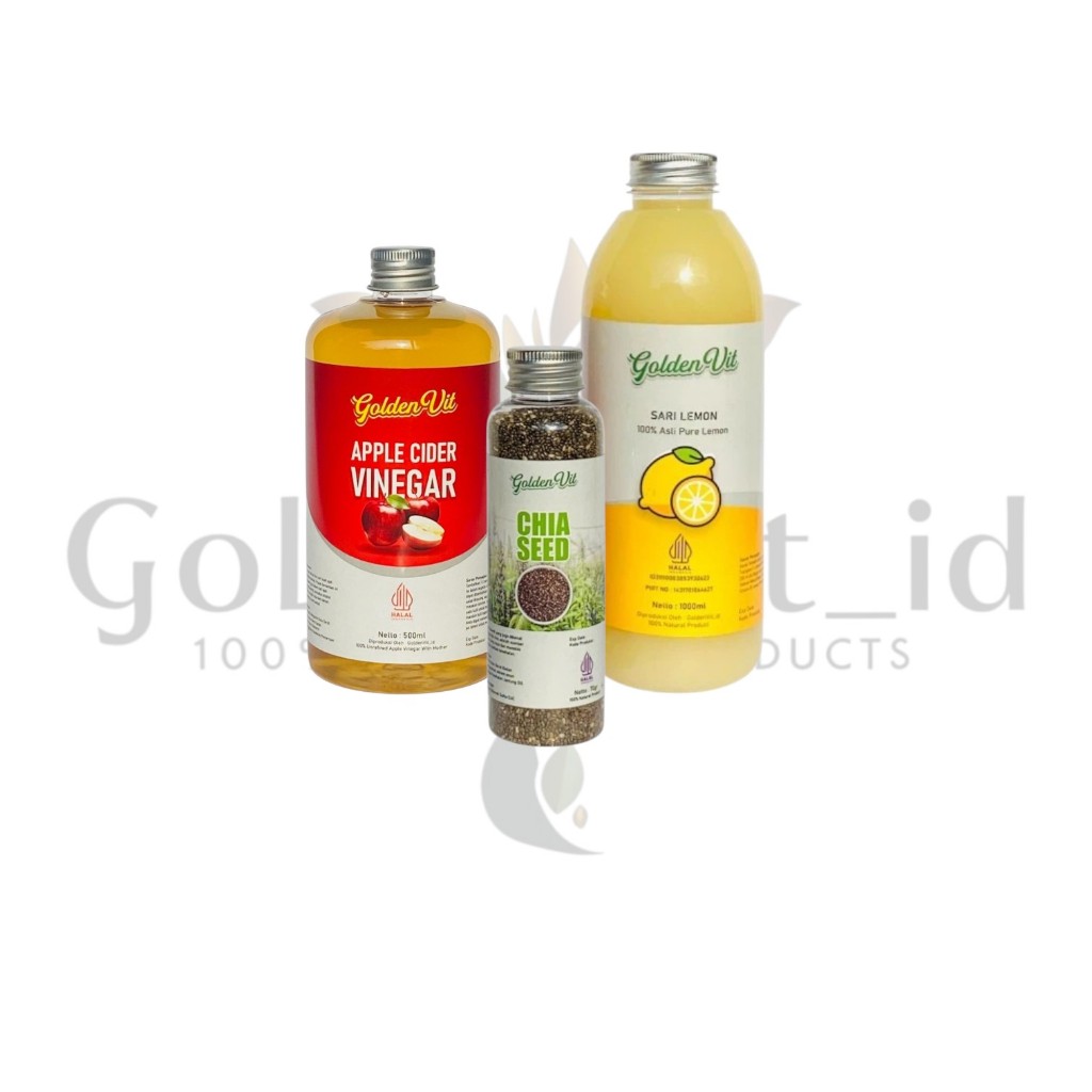 

Goldenvit Paket Hemat 3in1 + Free Gelas Takar Sari Lemon 1000ml , cuka apel 500ml , Chiaseed 70g