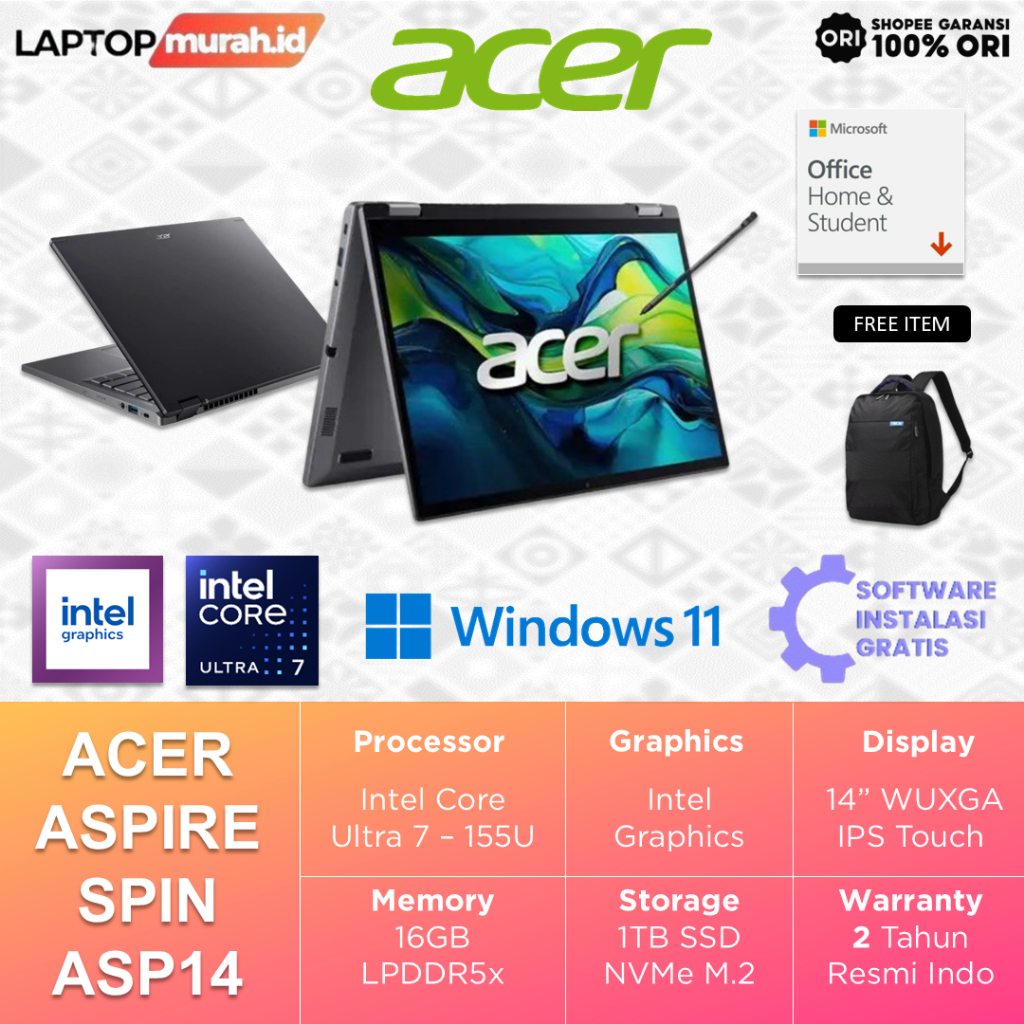 Laptop Acer Aspire Spin 2in1 Ultra 7-155U 16GB 1TB 14.0" WUXGA Touch Windows 11 Home + OHS