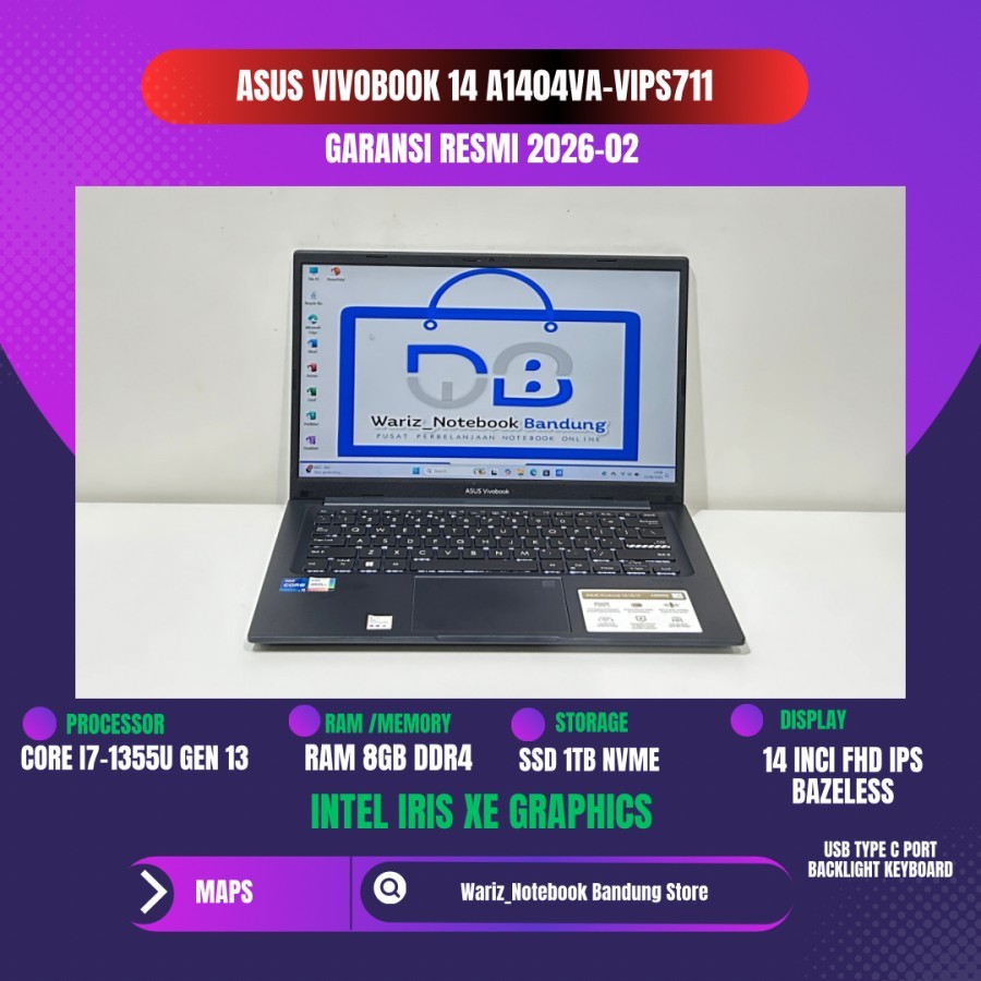 ASUS VIVOBOOK A1404VA CORE I7-1355U GEN 13 RAM 16GB SSD 1TB NVME 14inci WUXGA IPS