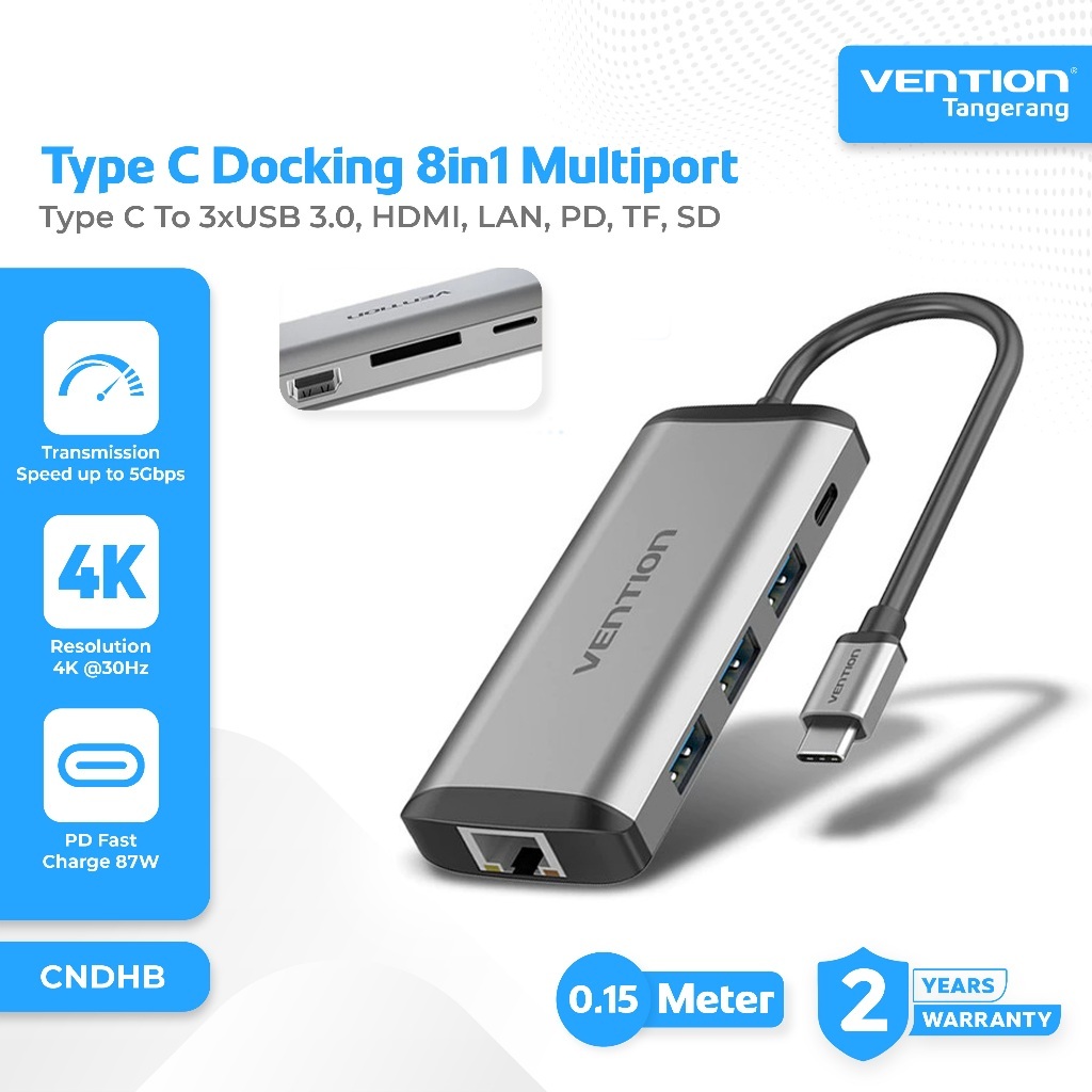 VENTION CNDHB HUB Type C Male to RJ45 LAN Port TF SD Card HDMI 4K 30Hz 3x USB 3.0 PD 87W Female 0.15