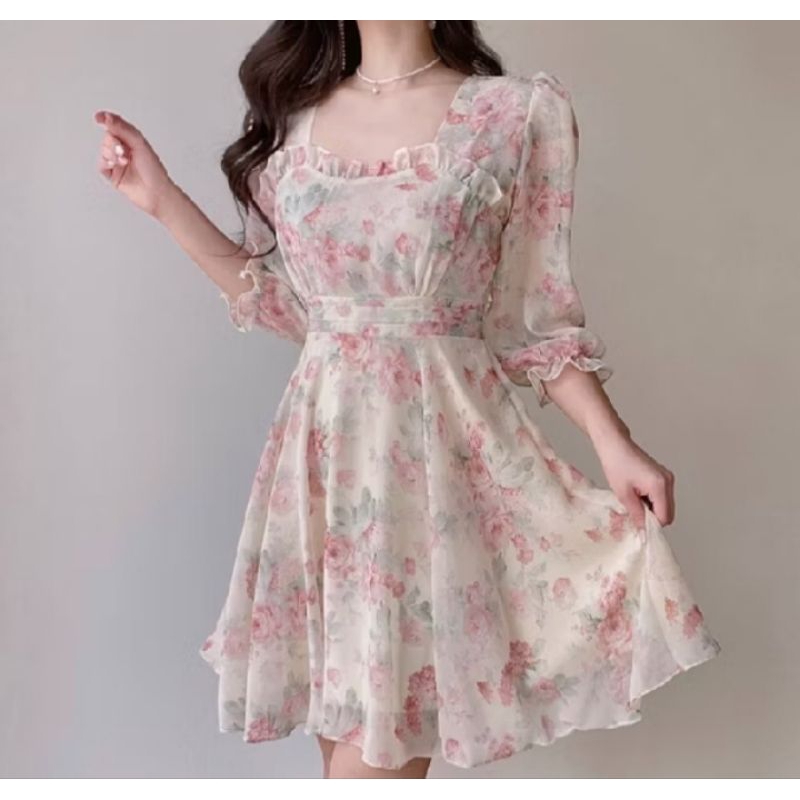 Dress Floral Korean Style Putih