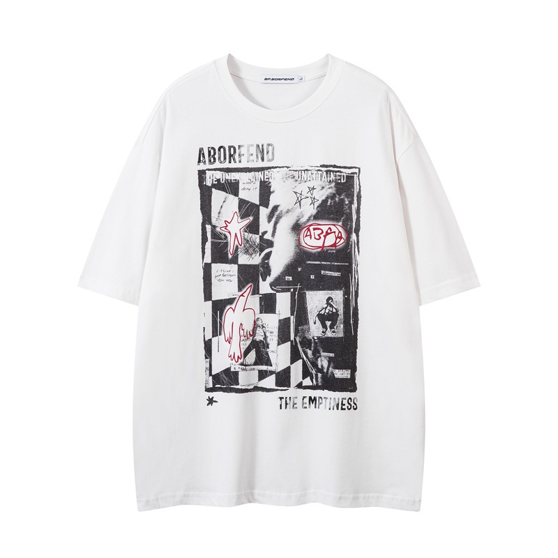 Kaos Pria Hitam/Putih - Desain Simetris Kotak-Kotak & Grafis Abstrak, Bahan Nyaman & Breathable