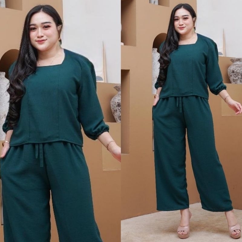 One Set Wanita Crop Cringkel Airflow Premium Setelan Jumbo Wanita Kekinian