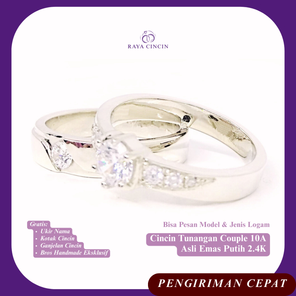 RAYA Cincin Tunangan Couple 10A Asli Emas Putih 2.4K Gratis Ukir Nama