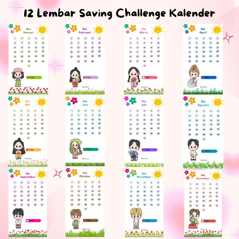 

(12 Lembar) Kertas Saving Metode Kalender Nabung Setahun