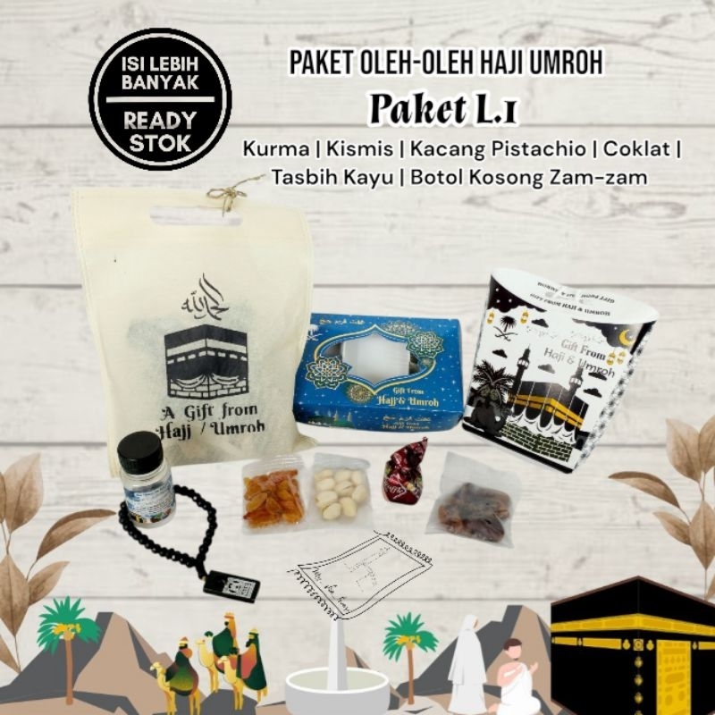 

Paket L.1 oleh oleh haji umroh kurma kismis pistachio coklat tasbih botol kosong zam-zam