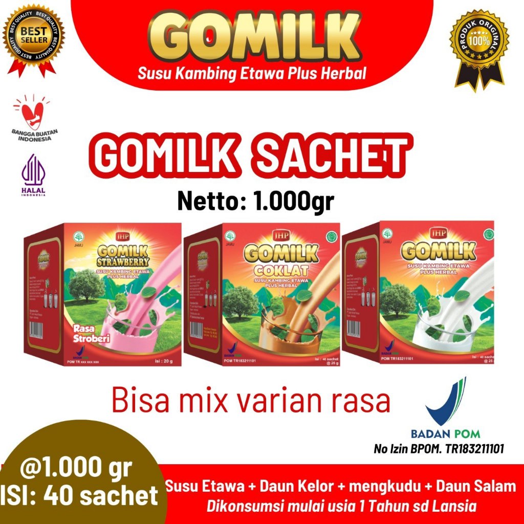

Gomilk Sachet/1box netto 1kg isi 40 sachet.