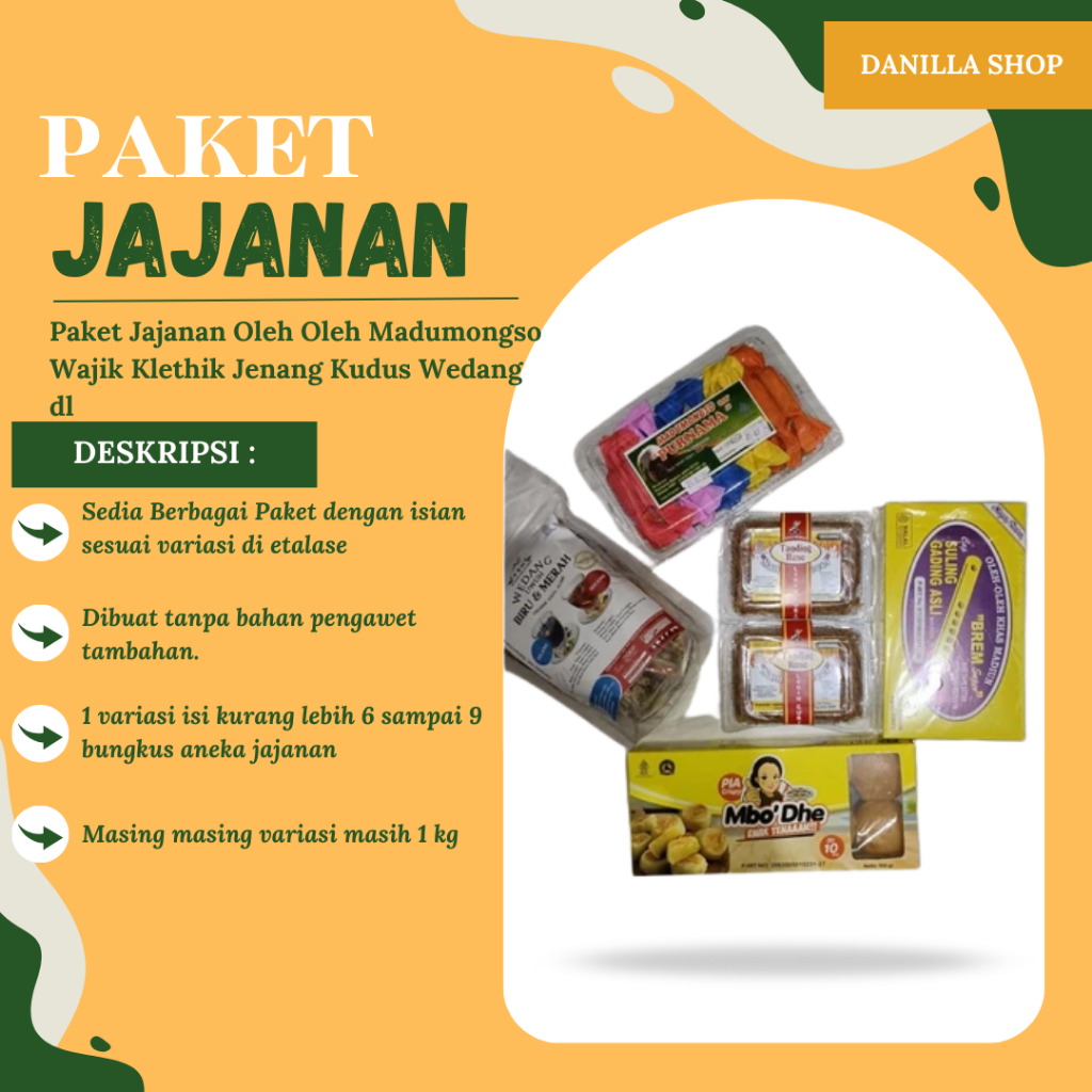 

Paket Jajanan Oleh Oleh Brem Pie Susu Wedang Uwuh Kerupuk Beras Madumongso Sambel Pecel