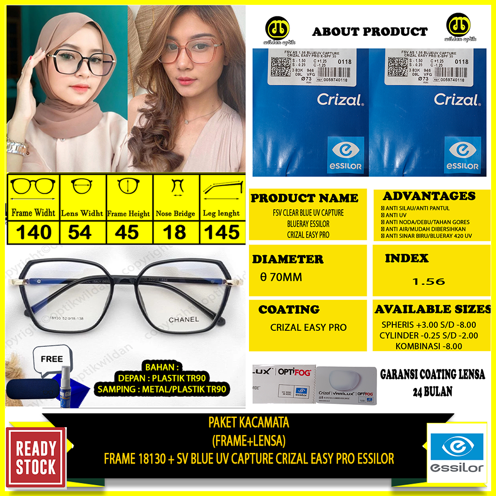 PAKET KACAMATA FRAME 18130+ESSILOR BLUE UV CAPTURE CRIZAL EASY PRO/ELEMENTS ORIGINAL