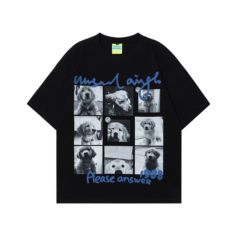 Kaos Pria Hitam/Putih - Desain Foto Anjing Lucu & Tulisan Artistik Biru, Bahan Combed Nyaman (Depan 