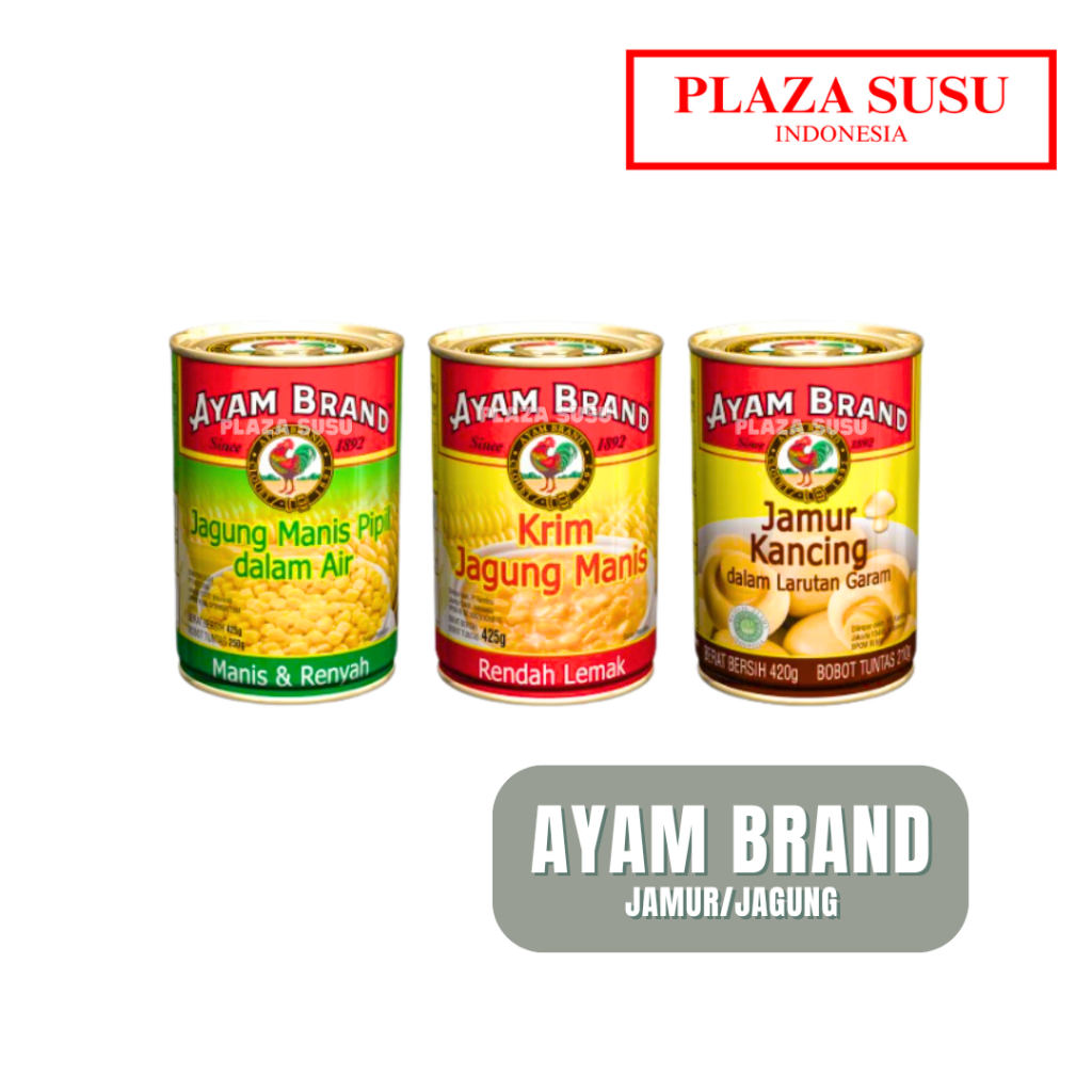 

JAMUR KANCING 420G MUSHROOM AYAM BRAND ISI KALENG JAGUNG MANIS/IN WATER WHOKE KERNEL CORN 425G