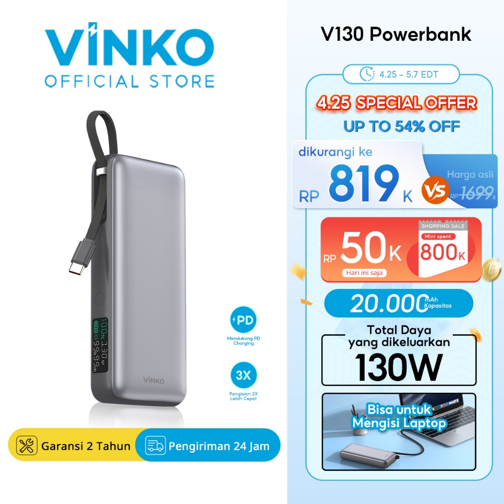 Powerbank VINKO V130 20000 mAh 130W Fast Charging untuk for Android/ios/Macbook