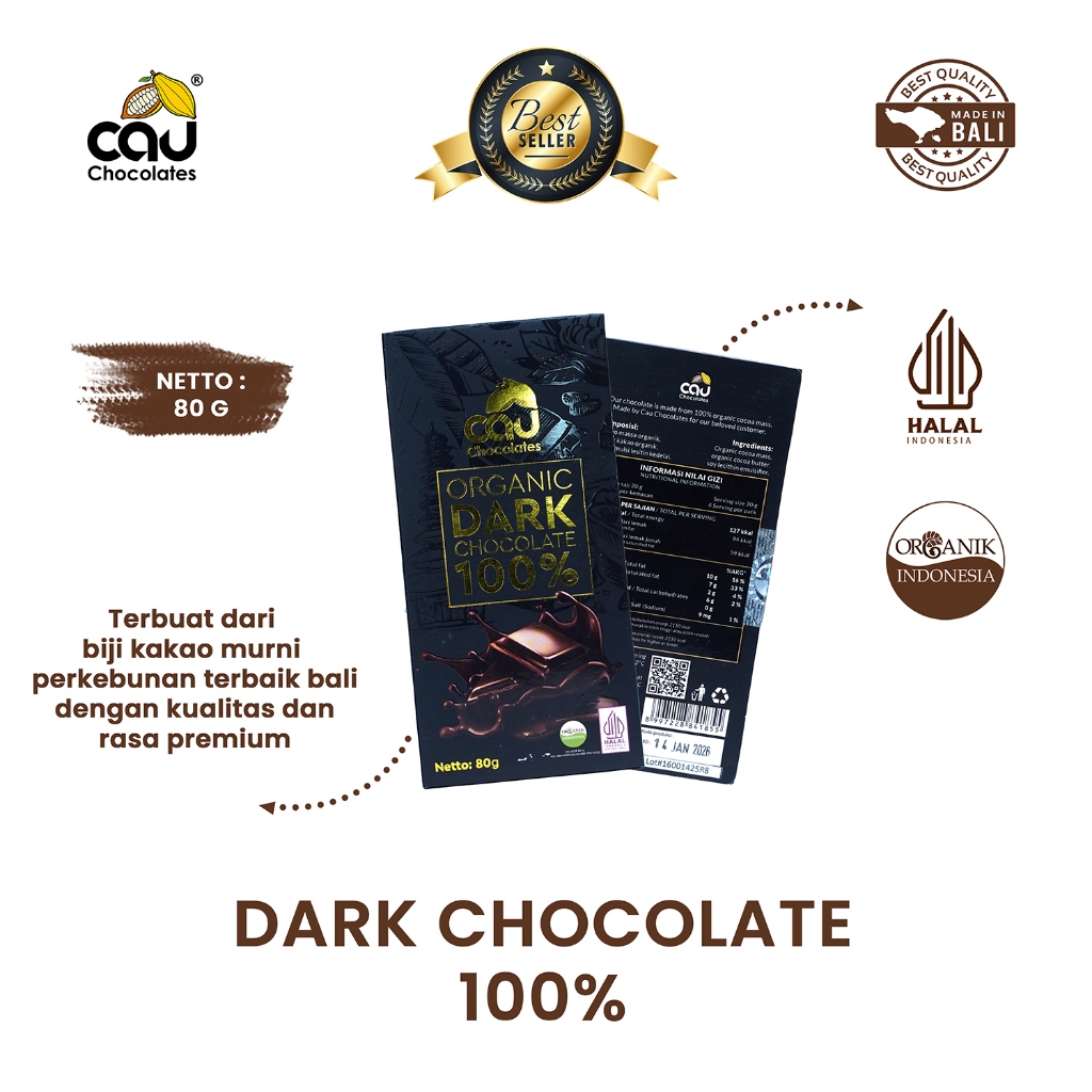 

CAU CHOCOLATES - Organic Dark Chocolate 100% / Coklat Organik Murni - 80 gr
