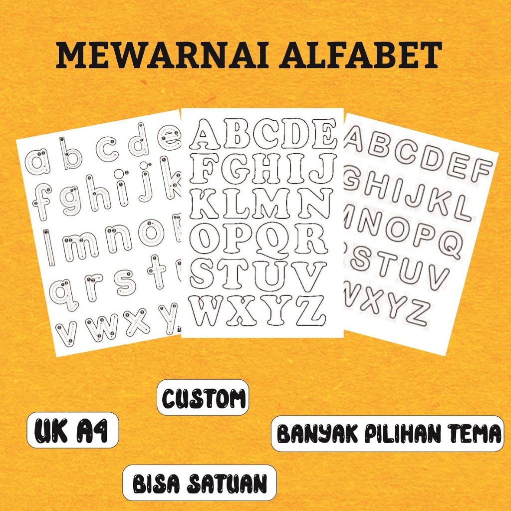 KERTAS MEWARNAI / MEWARNAI  ALFABET  / KERTAS MEWARNAI ANAK PAUD TK SD / COLORING / KERTAS GAMBAR A4