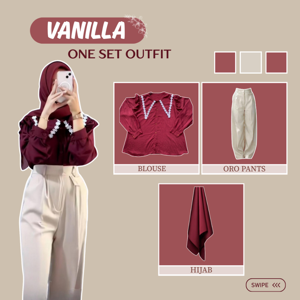 Oneset Wanita Untuk Kuliah Healing (Blouse, Oro Pants, Hijab) Hijab OOTD Outfit LA10 Vanilla1