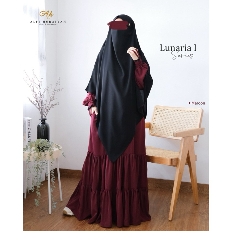 Full Maroon Set Setelan Gamis Lunaria 1 Alfi Huraiyah Maroon Fk French Khimar Cadar Instan Gamis Ump