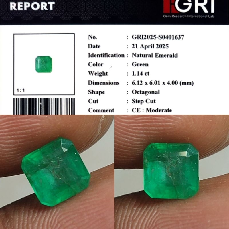 Natural Emerald Zamrud Jamrud 1.1ct GRI Material Crystall Good Luster Gemericik Warna Ijo Botol