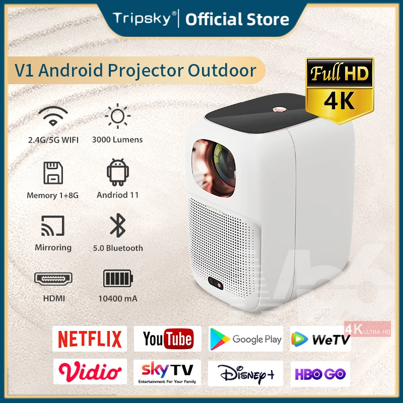 Tripsky V1 Proyektor Android Baterai bawaan proyektor berkemah di luar ruangan 4K HD Smart proyektor