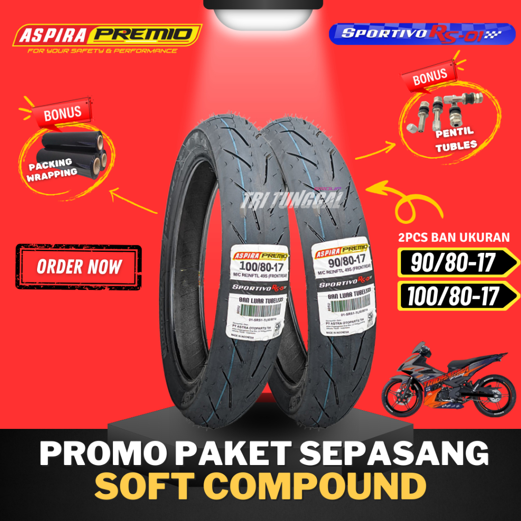 [PAKET SEPASANG] BAN ASPIRA PREMIO SPORTIVO RS01 RING 17  TUBELESS SOFT COMPOUND ( 90/80-17 + 100/80