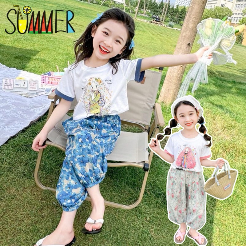 2-10Tahun Setelan kaos princess celana balon floral baju anak perempuan ootd santai