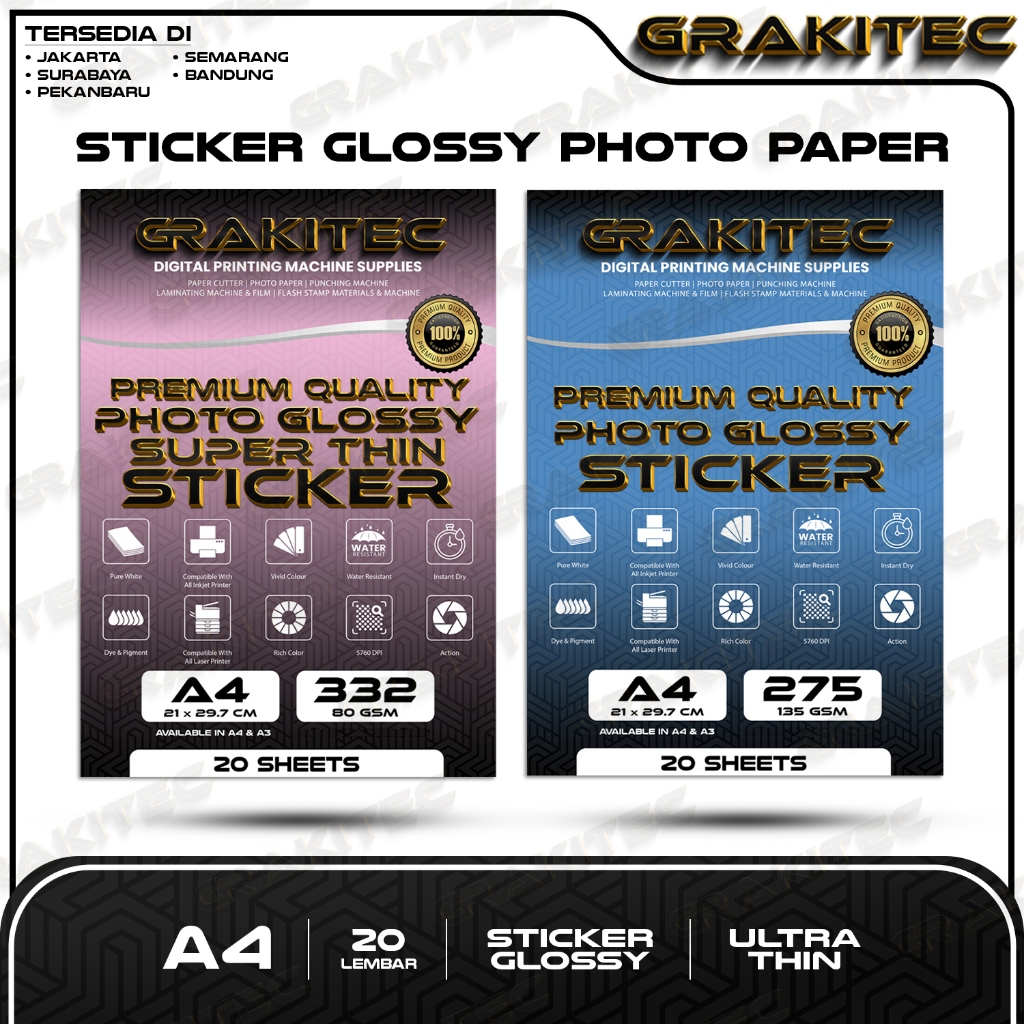 

Kertas Stiker Foto Glossy A4 135 Gsm 20 Lembar - Glossy Photo Sticker Paper ( Support Printer Epson/Canon/HP/Brother Ori Dye )