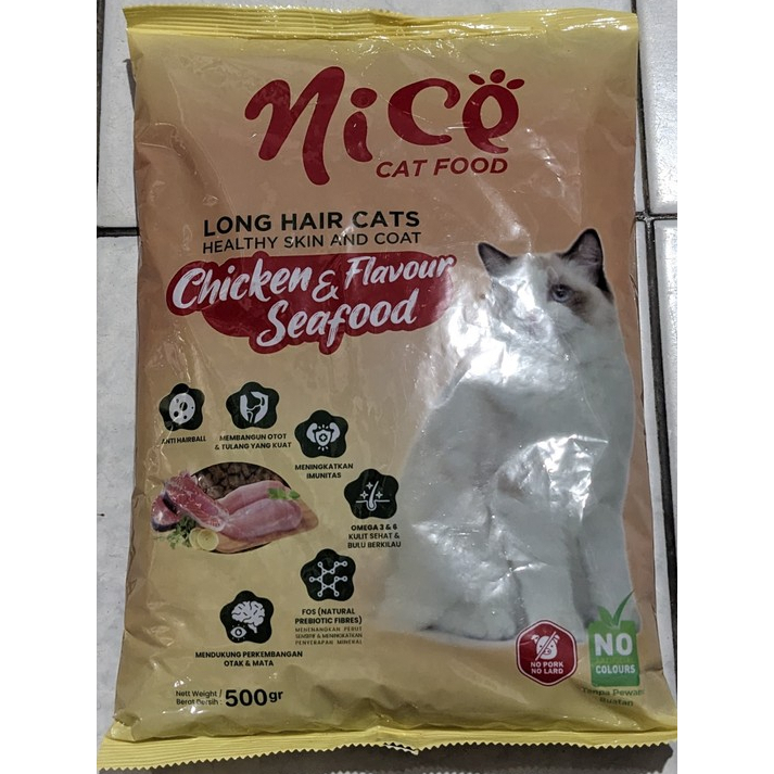 NICE LONG HAIR CATS HEALTHY SKIN & COAT MAKANAN KUCING RASA CHICKEN & SEAFOOD FLAVOUR FRESHPACK 500g