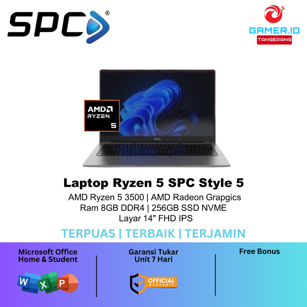 Laptop Ryzen 5 SPC Style 5 AMD Ryzen 5 3500 8GB 256GB SSD 14FHD IPS Backlit Keyboard