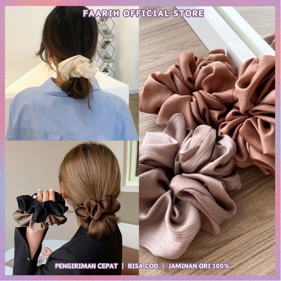 Boundle 3 Pcs Free Pouch - Scrunchie Textured Silk Ikat Rambut Aesthetic Korea - Scunchie Motif Polo
