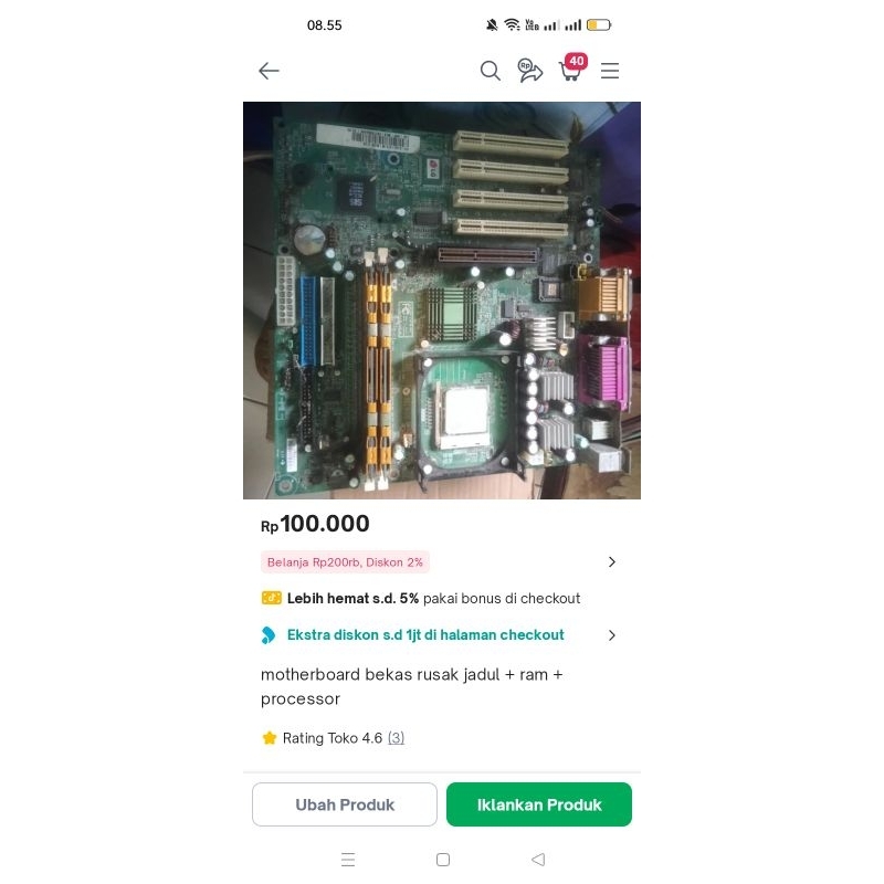 motherboard jadul bekas rusak+ram+proci