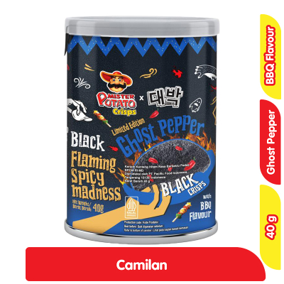 Mister Kentang Keripik Kentang Hitam Lada Hantu Rasa Pedas Barbekiu Kaleng 40 g