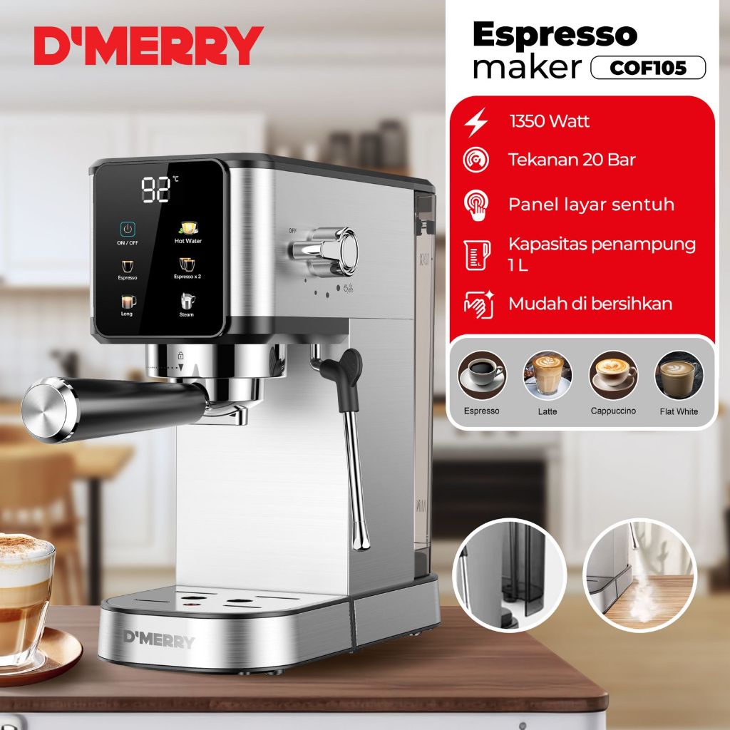 D'Merry Espresso Maker COF105 - Mesin Espresso 20 Bar Low Watt - 2 In 1 Espresso With Steam Milk