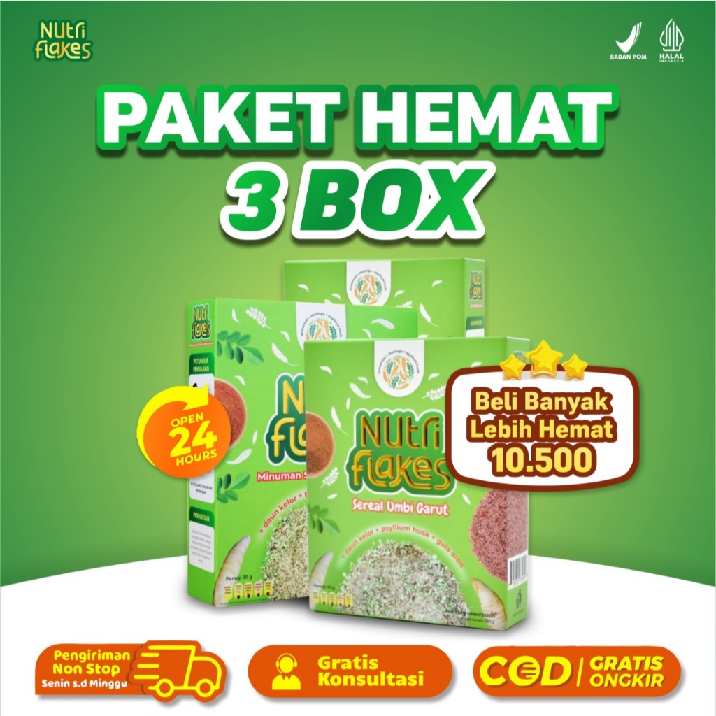 

3 BOX NUTRIFLAKES | SEREAL SEHAT ATASI ASAM LAMBUNG | UMBI GARUT, MORINGA, & SUSU ETAWA | 100% ALAMI / UMBI GARUT / DAUN KELOR / SUSU KAMBING ETAWA / OAT / MAKANAN SEHAT/ NUTRI FLAKES