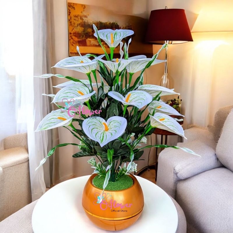 Sinarsore3 Bunga Hias Anthurium Lily Satu Set Dengan Vas/Pot Super Bola Plastik Hiasan Dekorasi Meja