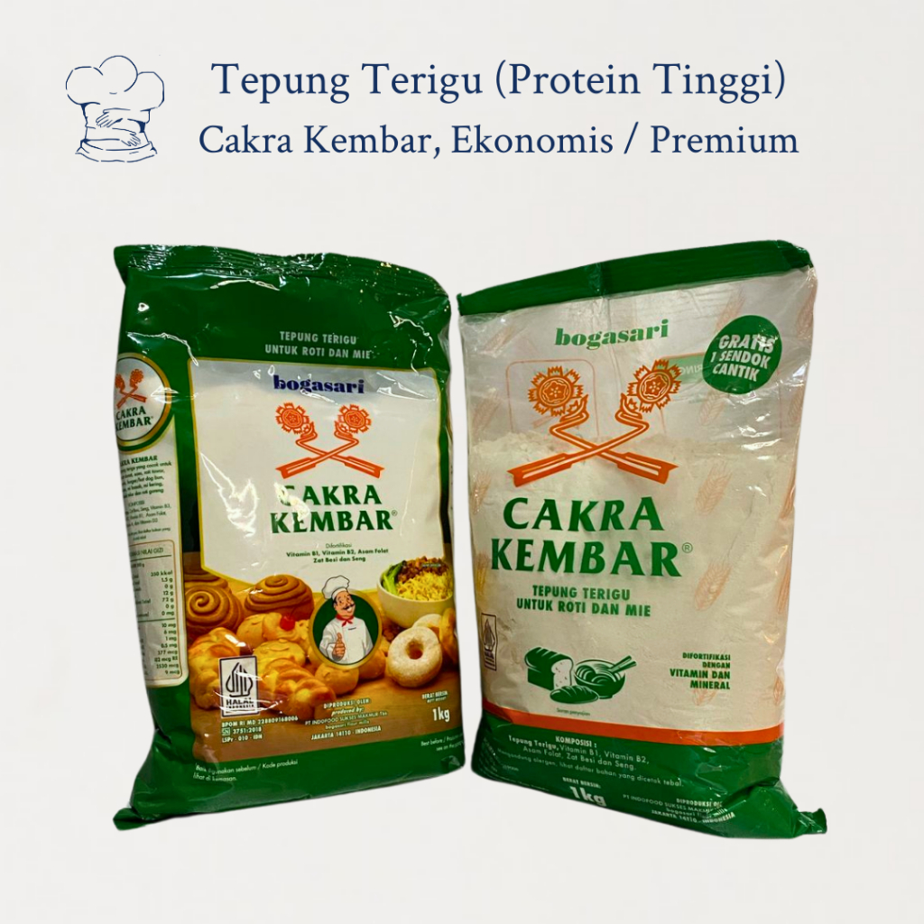 

Tepung Terigu Cakra Kembar Ekonomis / Premium 1kg – Tepung Protein Tinggi Untuk Roti & Mie