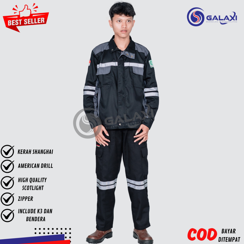 Wearpack Safety Setelan Atasan Semi Jaket warna Hitam kombinasi Abu Celana warna Hitam