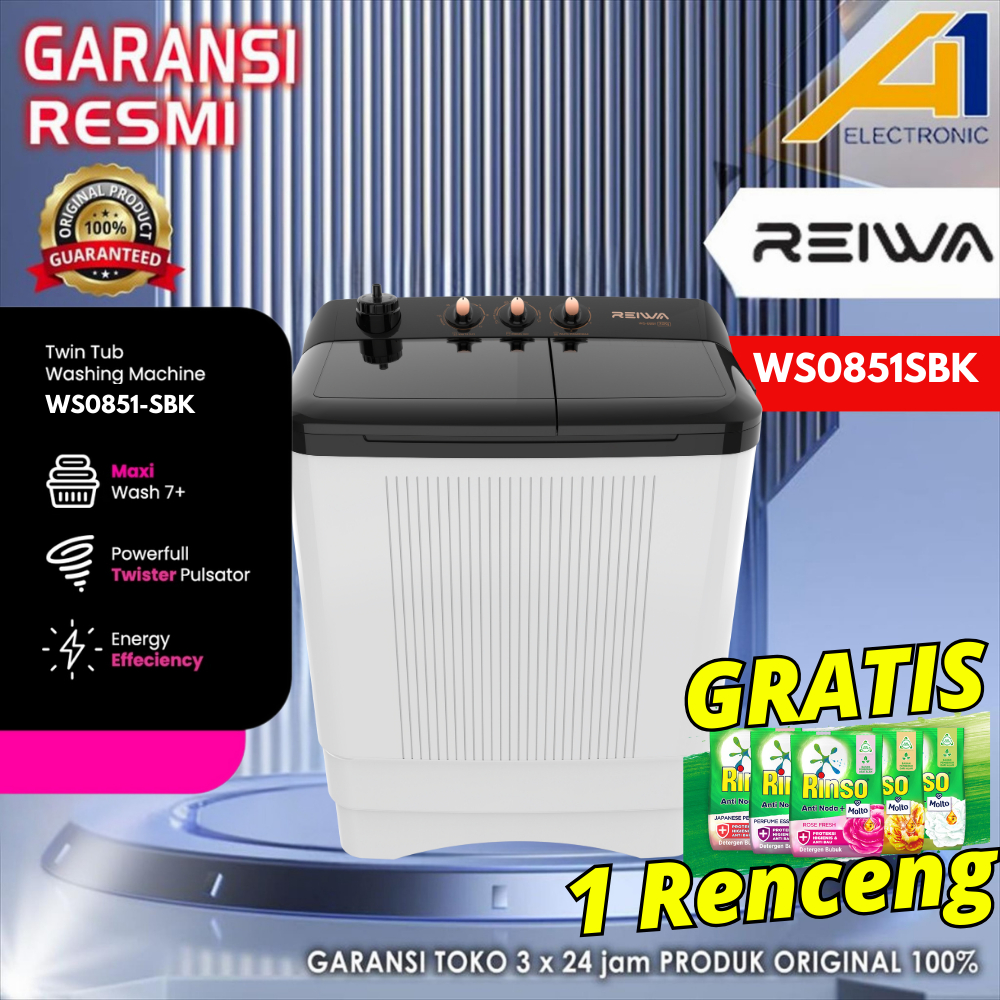 Mesin Cuci 2 Tabung Reiwa WS 0851SBK | Reiwa Mesin Cuci Twin Tub WS0851SBK Hitam